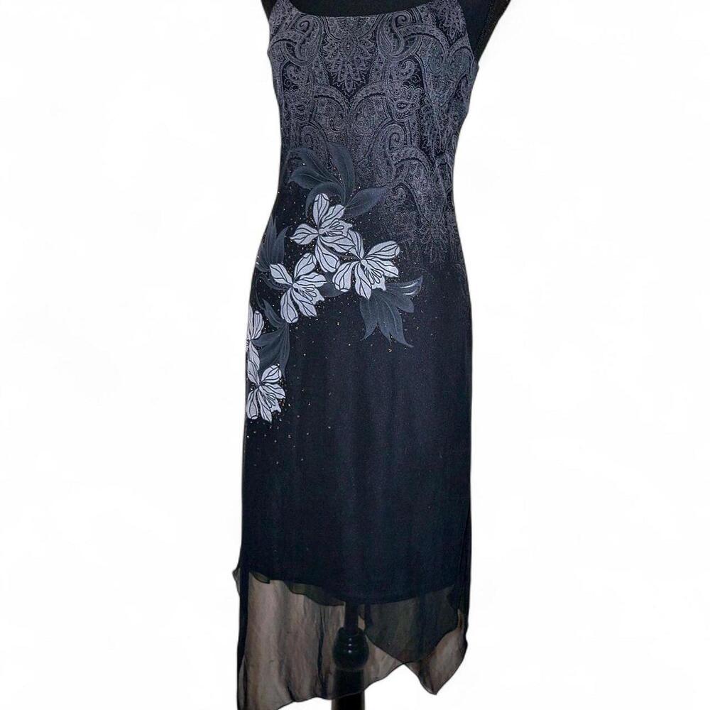 black byer too! midi dress with sheer overlay, glitter, and paisley floral print